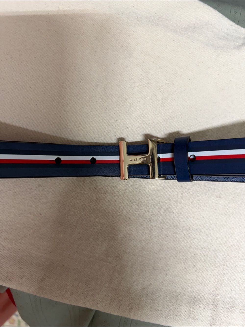 Tommy Hilfiger Navy Tri-Stripe Leather Belt with Gold H Buckle